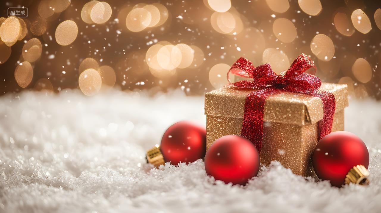 雪地上装饰红球与缎带礼物盒的节日场景