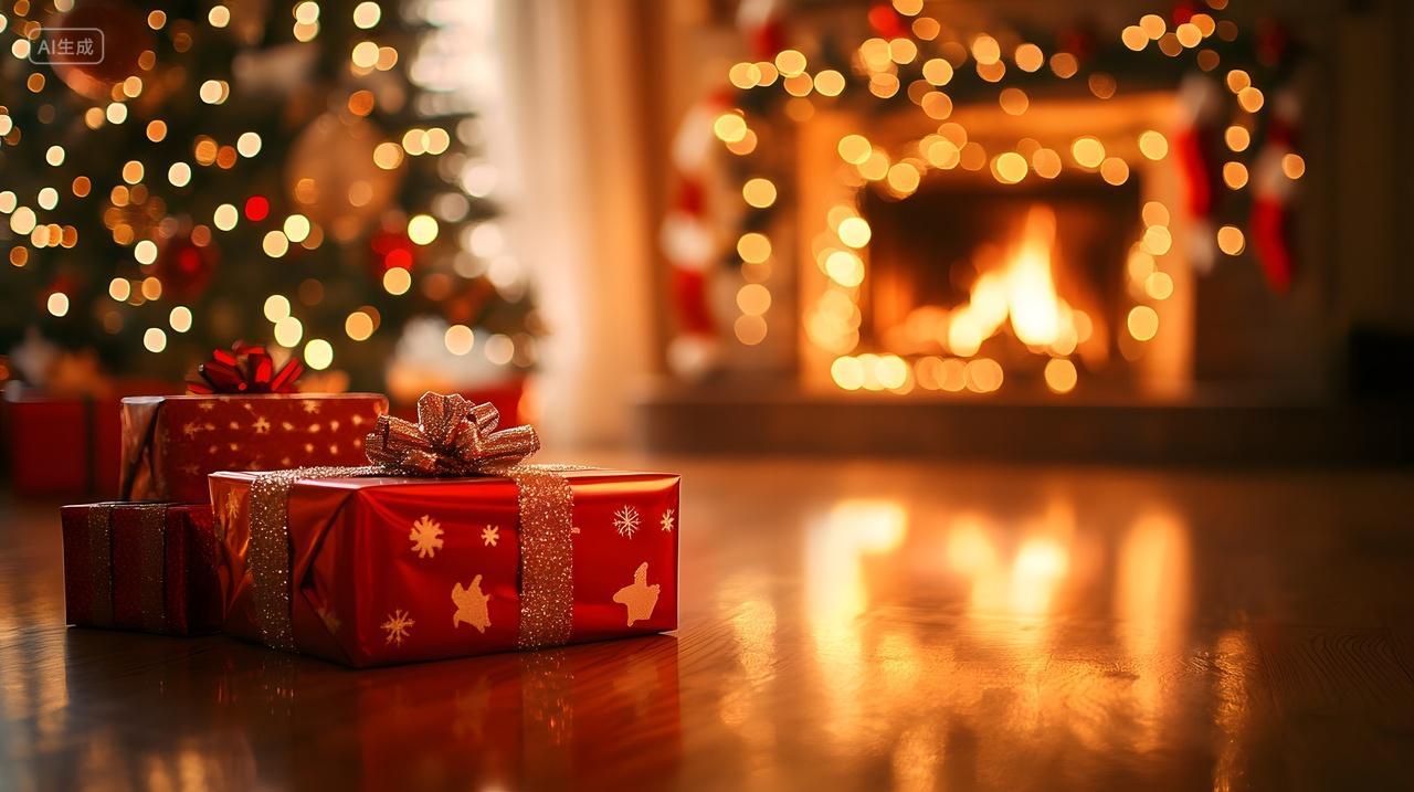壁炉旁温馨装饰的圣诞礼物盒与圣诞树节日场景