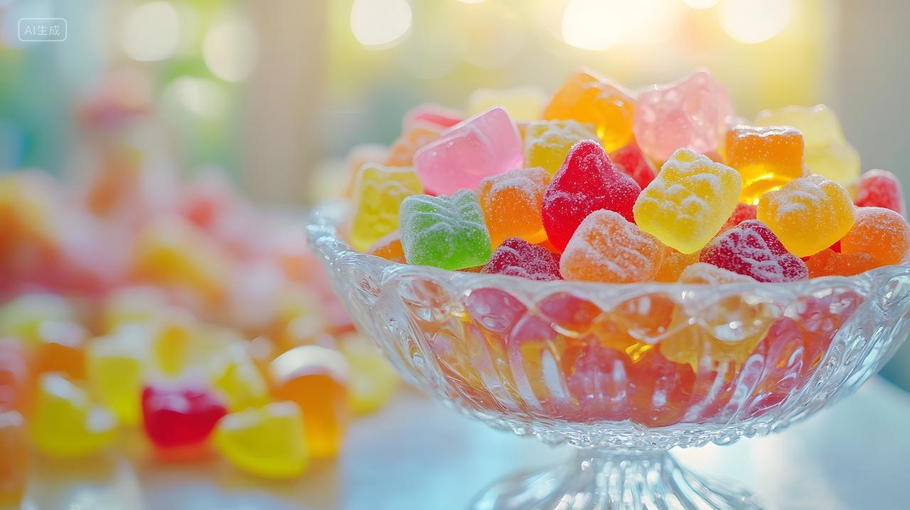 玻璃碗中的彩色果味软糖阳光柔和背景
