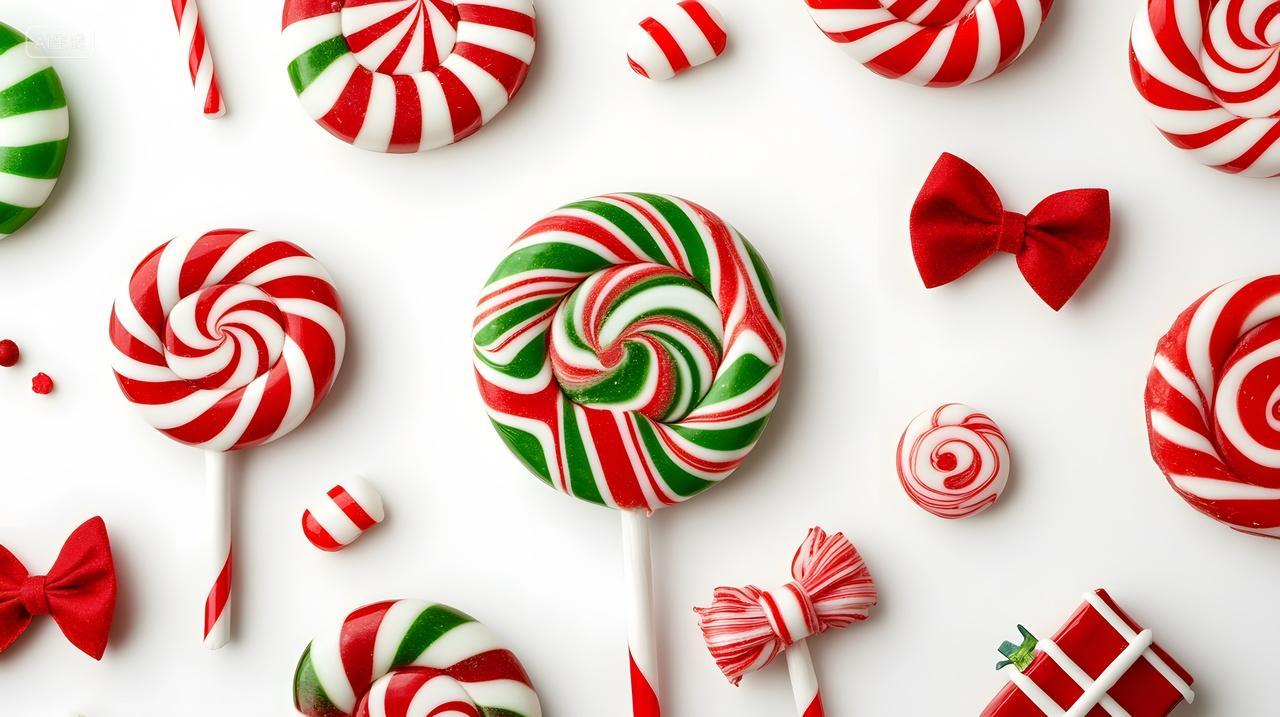 圣诞主题红白绿棒棒糖平铺糖果摆拍