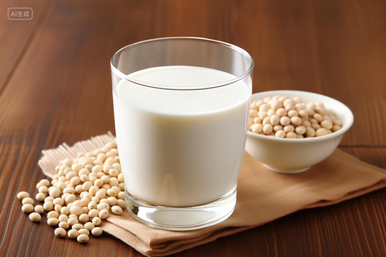 桌子上一杯新鲜的豆奶营养早餐