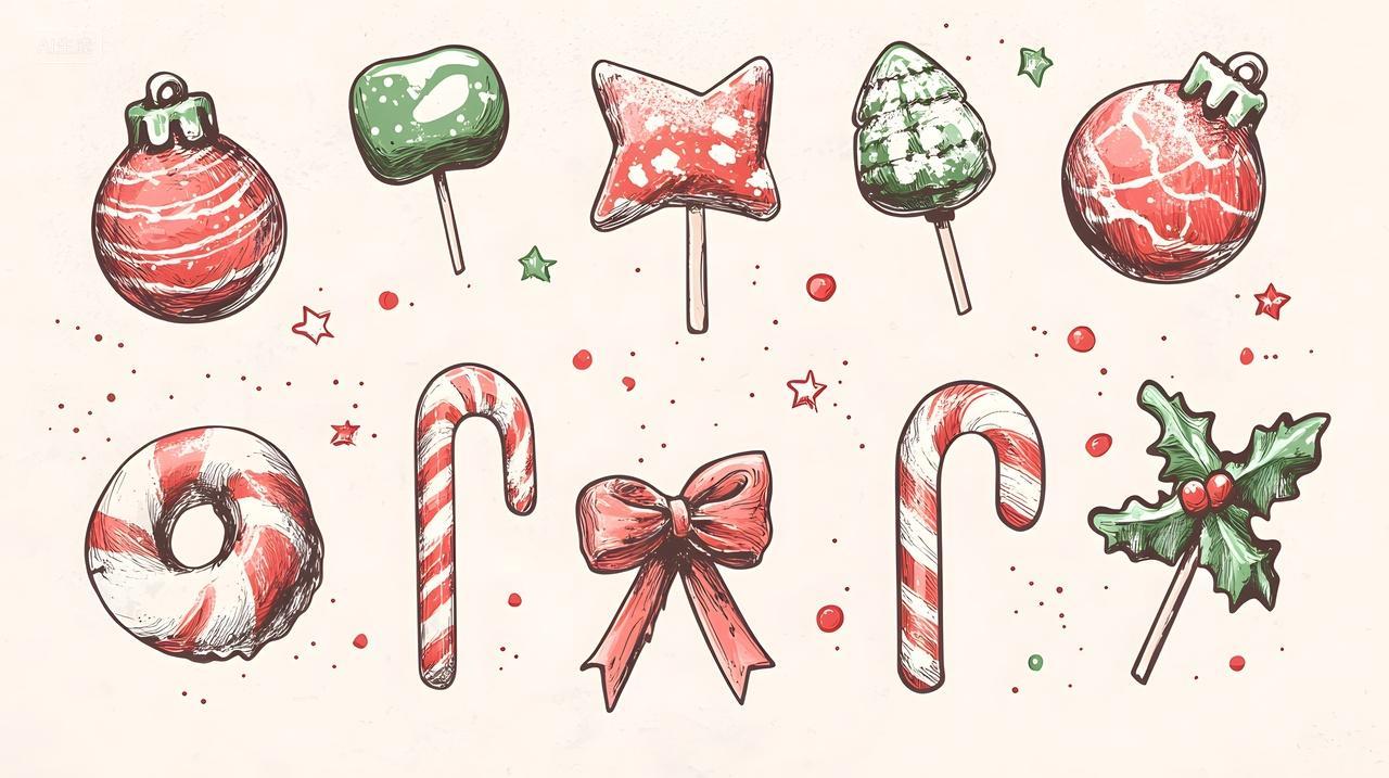 手绘圣诞糖果和装饰元素插画平铺