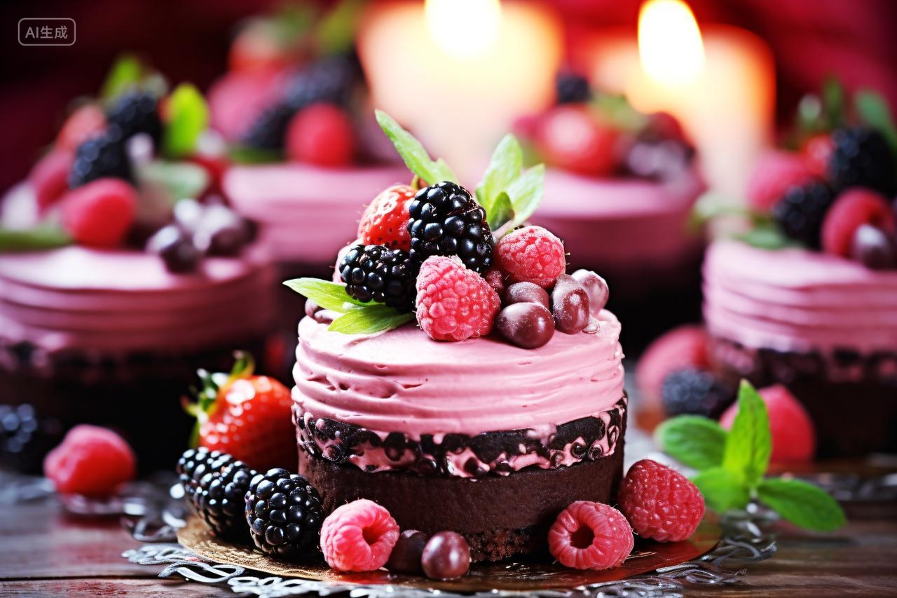 桌子上的桑葚奶油蛋糕食物甜点