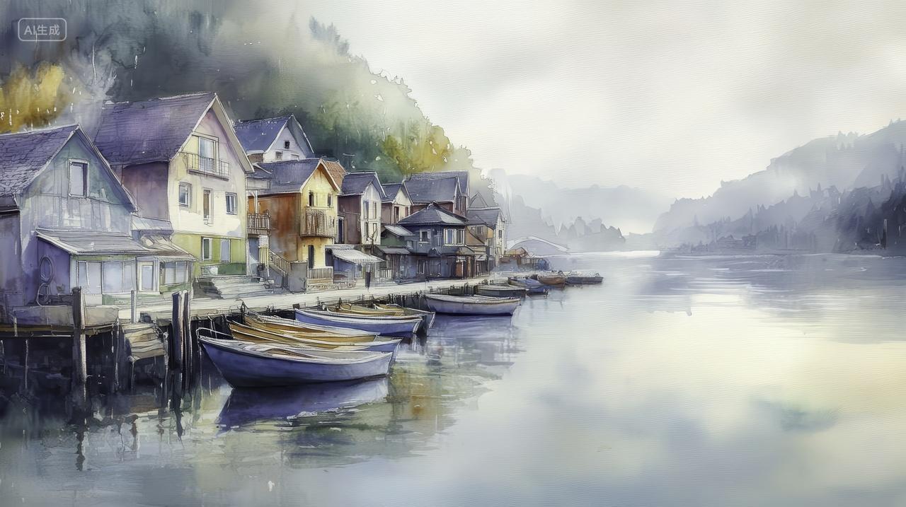 渔村的清晨码头与停泊的船只