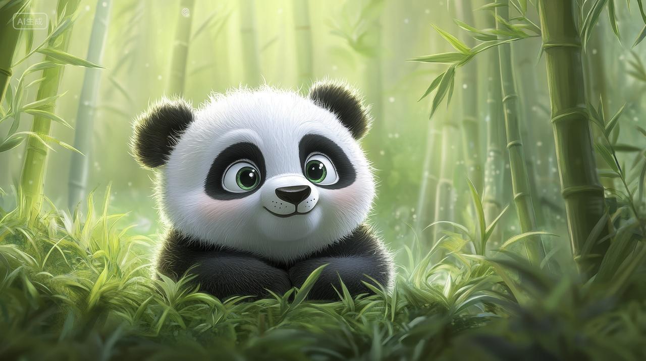 可爱的卡通熊猫在竹林中