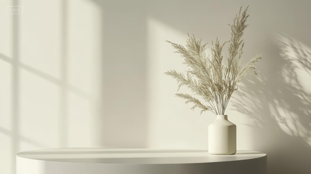 简约白色花瓶和干草枝装饰电商展台
