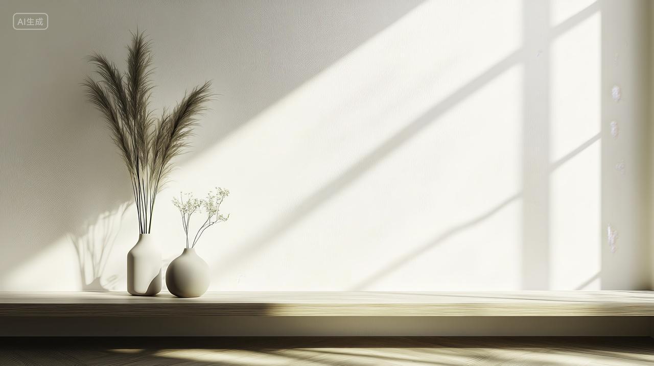 温暖阳光下的陶瓷花瓶与干草装饰