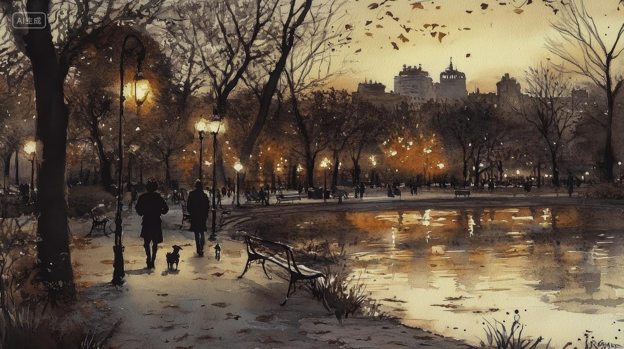 秋夜灯光下的城市公园景观