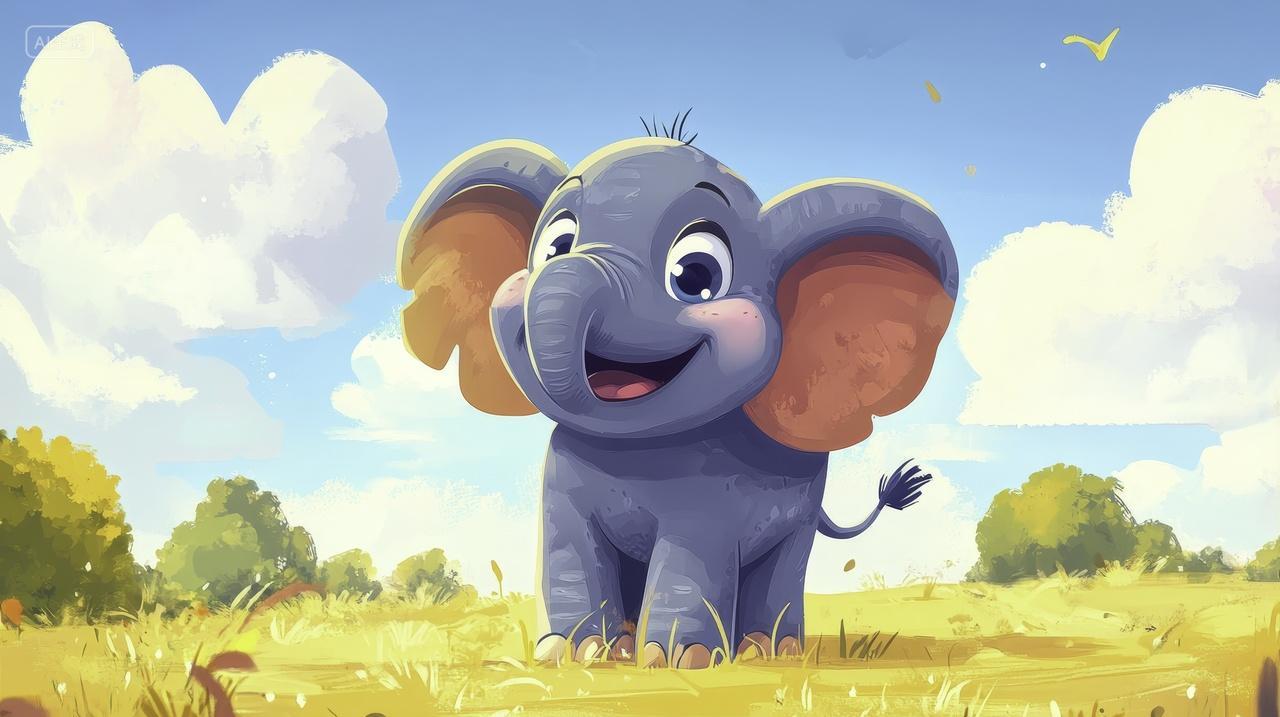 卡通大象在阳光下的田野里玩耍