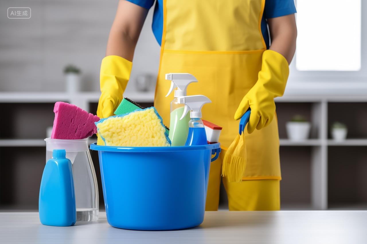 清洁工放在桌子上的清洁用品