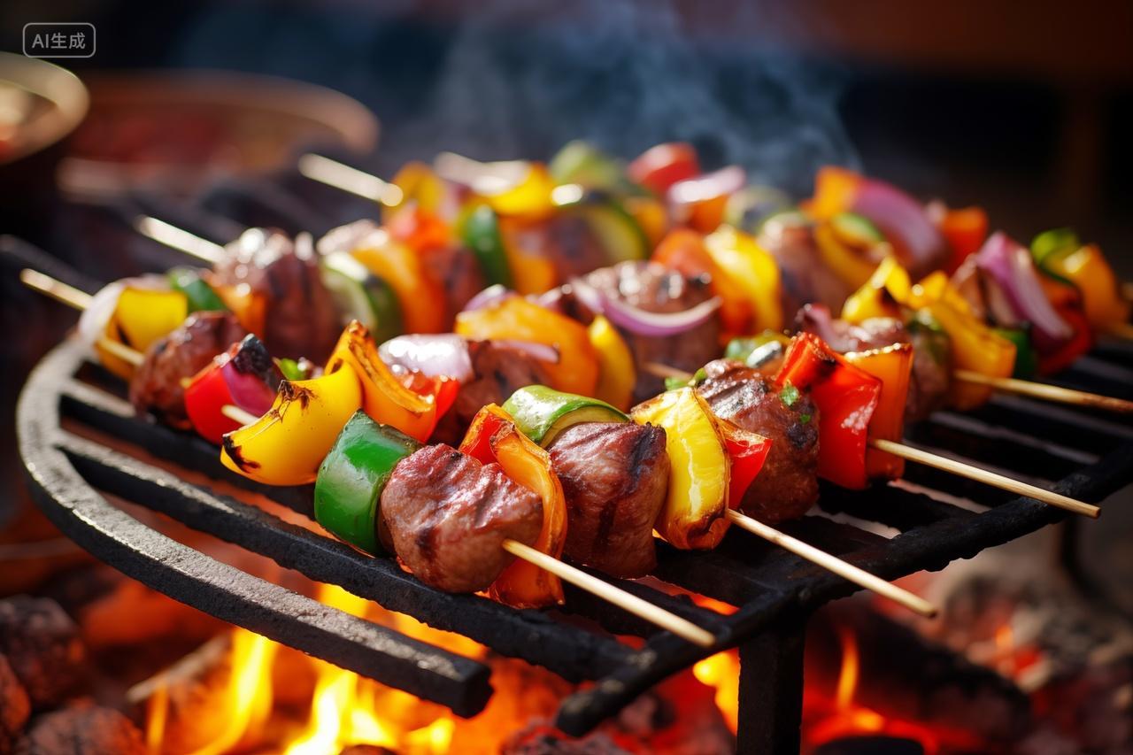 烧烤架上的羊肉串烤肉地摊小吃美食