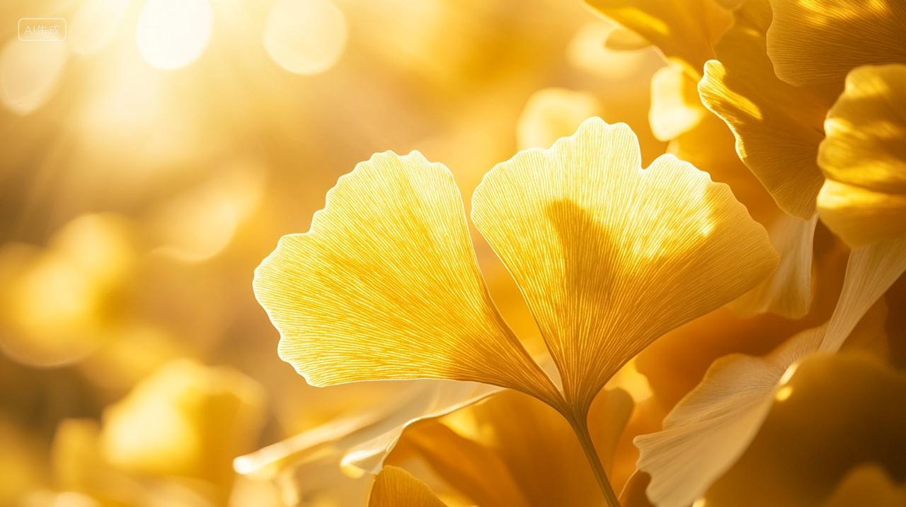 耀斑模糊背景上的黄色银杏叶电脑壁纸