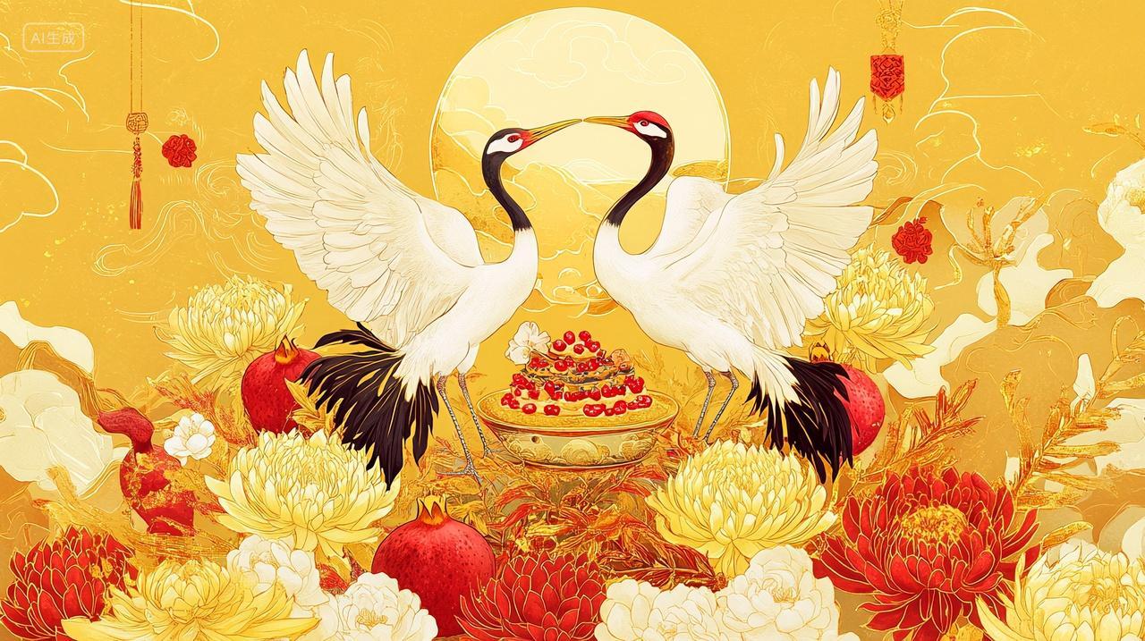 重阳仙鹤情菊花从中的浪漫邂逅