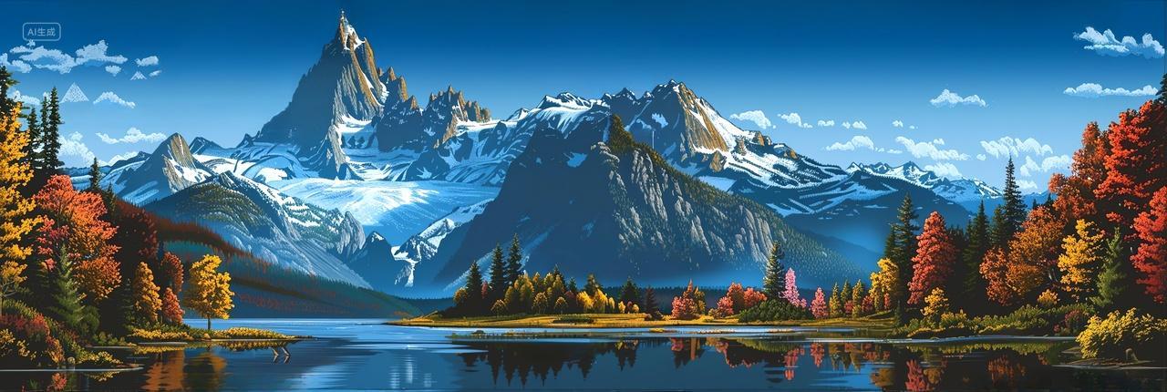 秋日童话雪山下的湖泊与斑斓树林自然唯美治愈背景