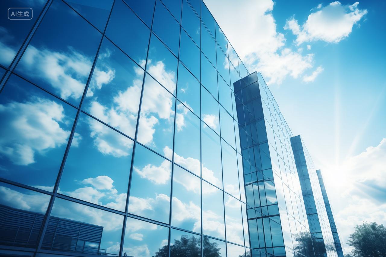 蓝天白云下城市大楼建筑外部玻璃商务背景