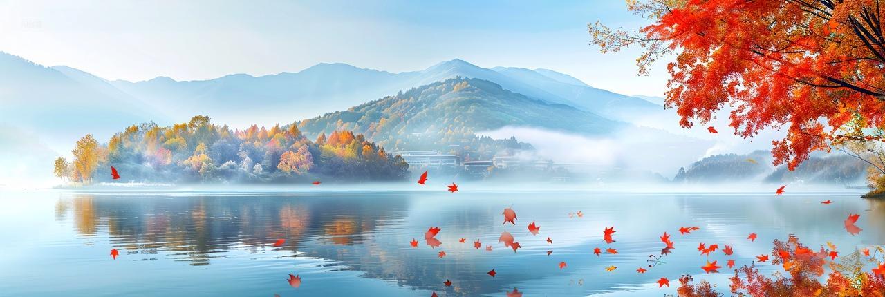 秋日迷雾枫叶飘落的湖面诗篇