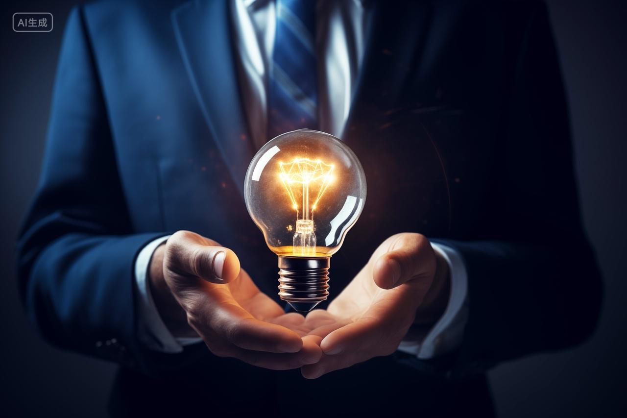 商务西装男手托发光的灯泡创意想法