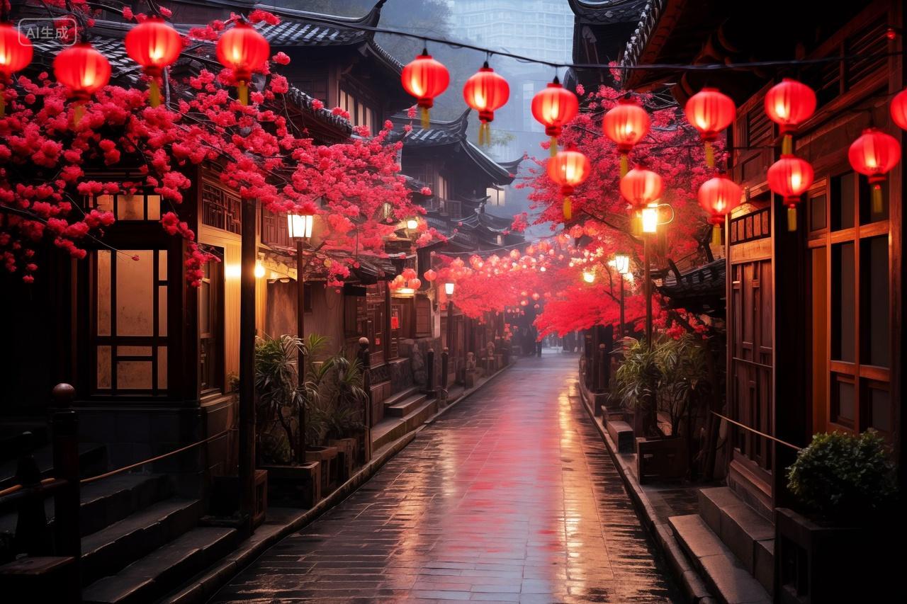 复古中式古镇房子房屋街道灯笼