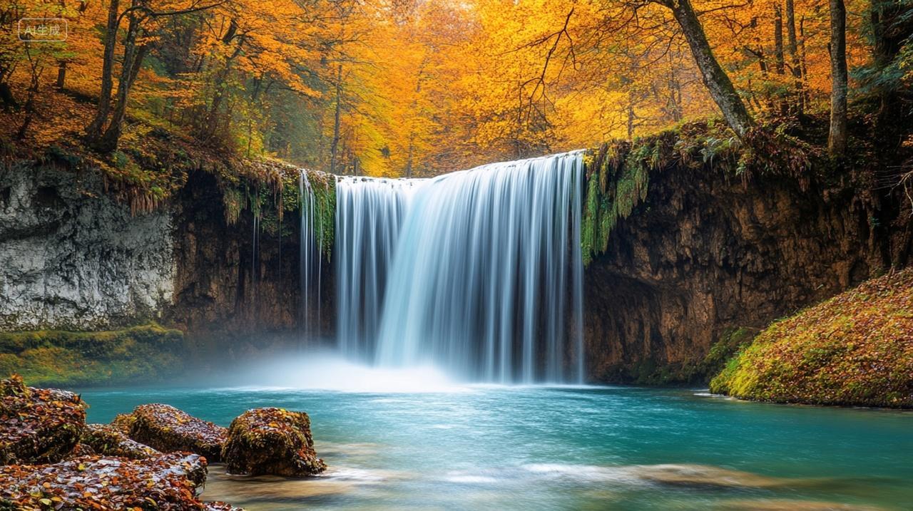 秋季森林里的瀑布美景旅游宣传瀑布自然景观