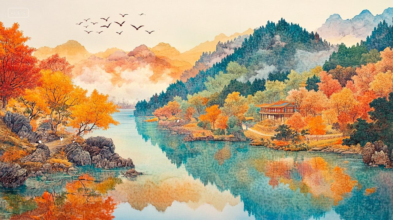 国风秋韵大雁南飞湖光秋色