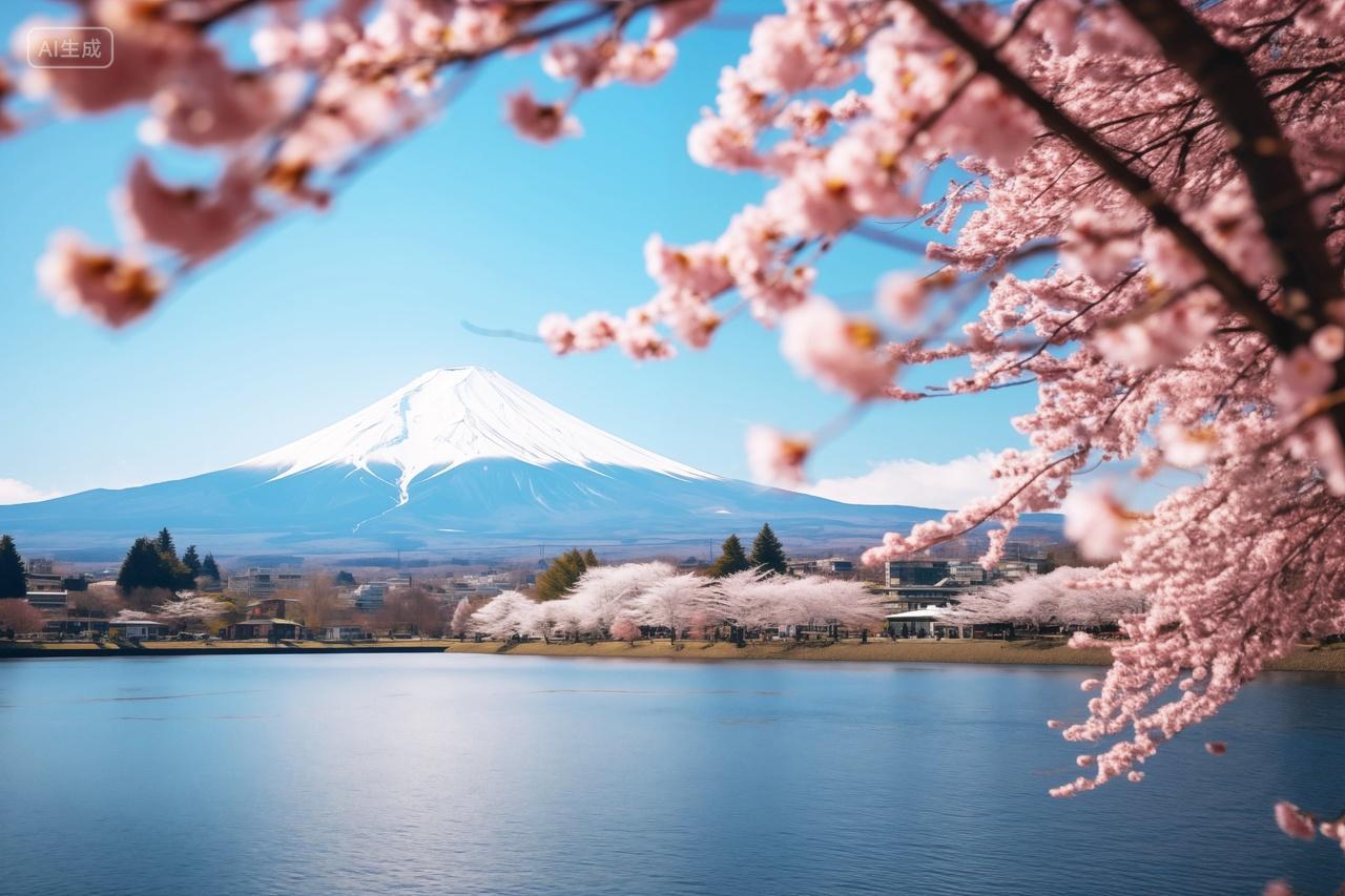 唯美樱花下的日本富士山美景旅行旅游