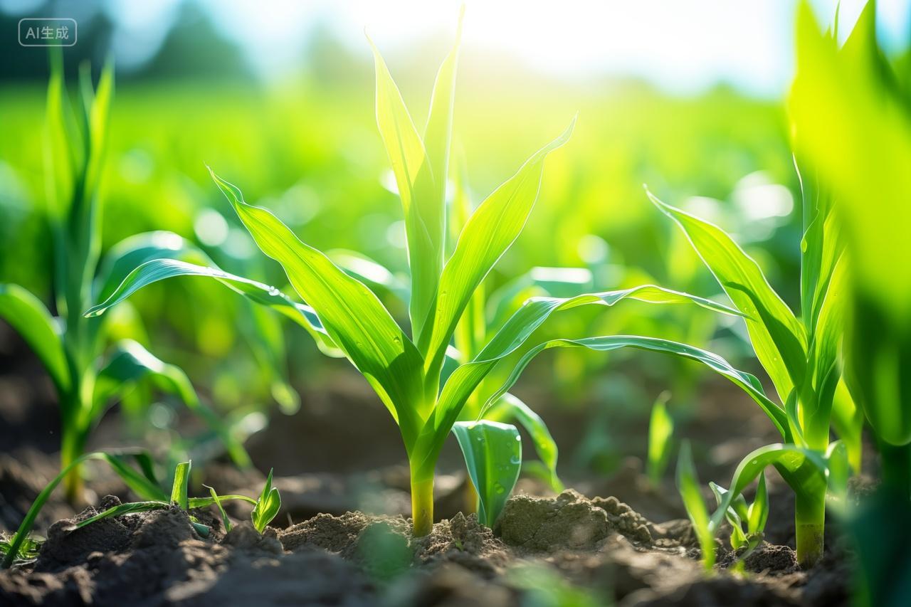 阳光照耀下的绿色玉米植物庄稼农作物