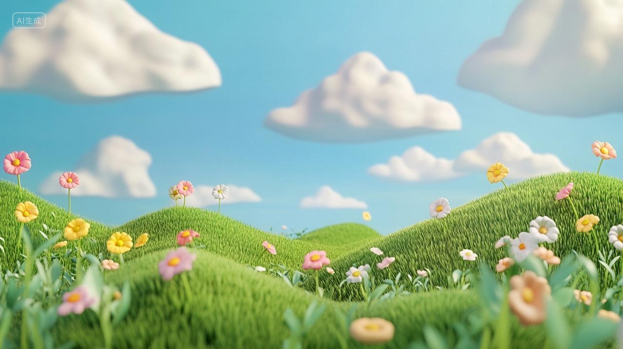 蓝天白云下鲜花盛开的草坪绿色草坪小清新背景