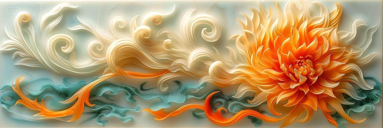 简约清新的玉雕祥云菊花插画