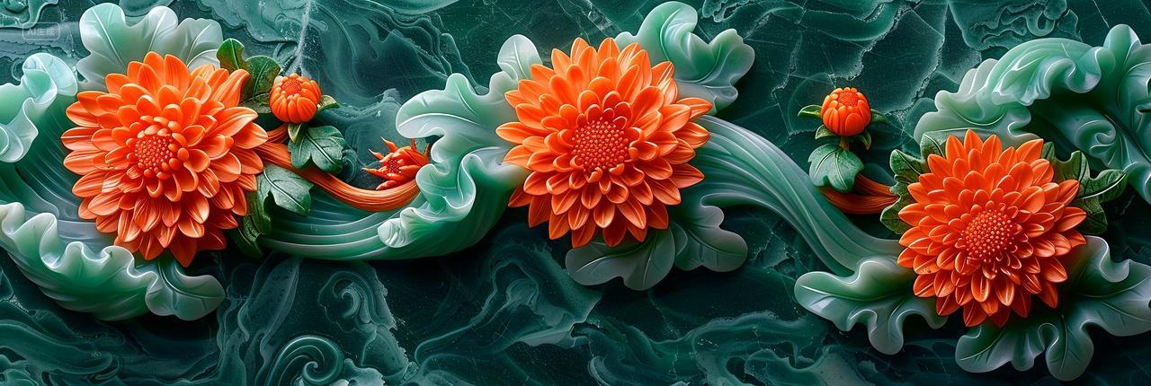 简约清新的玉雕祥云菊花插画