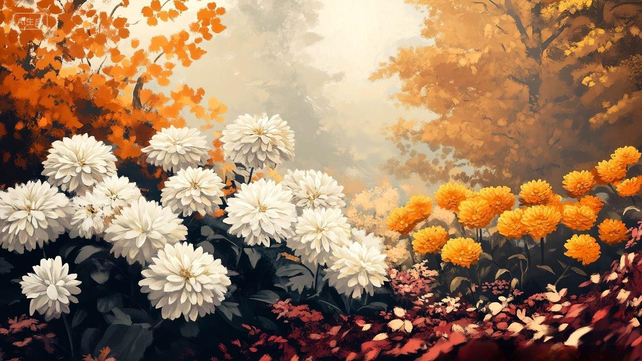 重阳节树林边红白菊花竞相盛开