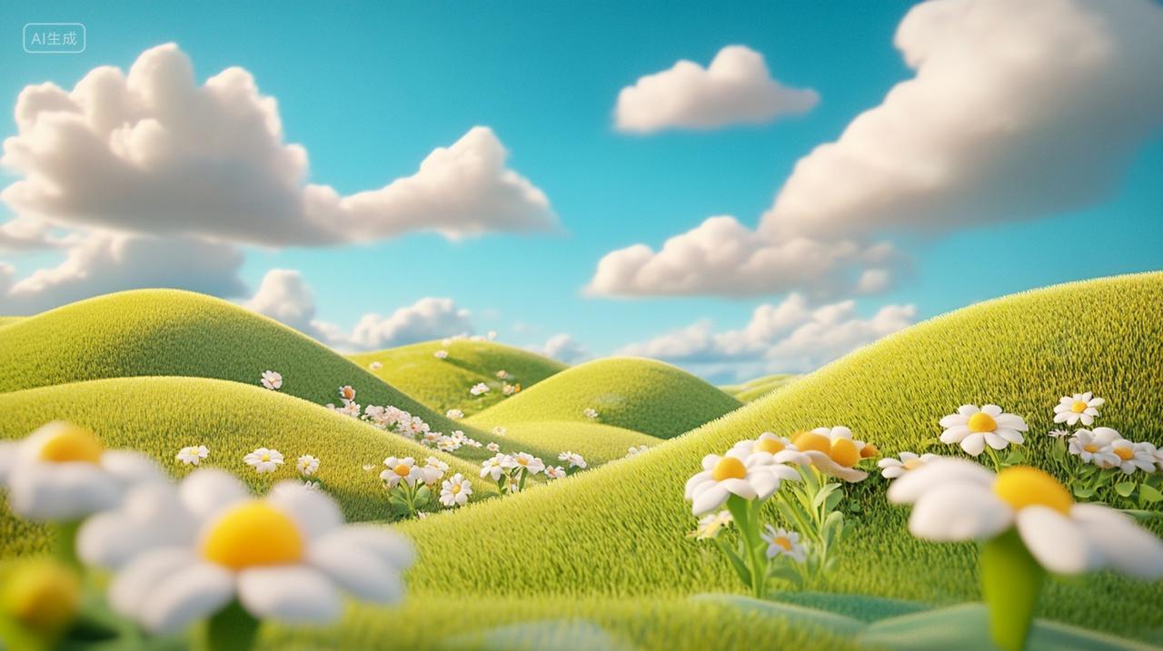 蓝天白云下鲜花盛开的草坪绿色草坪小清新背景