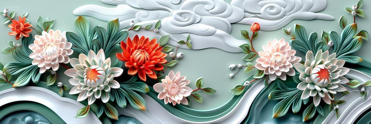 简约清新的玉雕祥云菊花插画