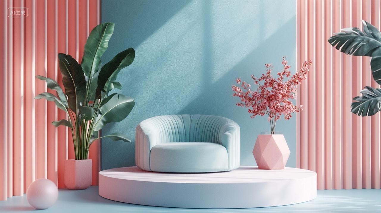 家庭软装沙发和绿植盆栽软装电商背景图