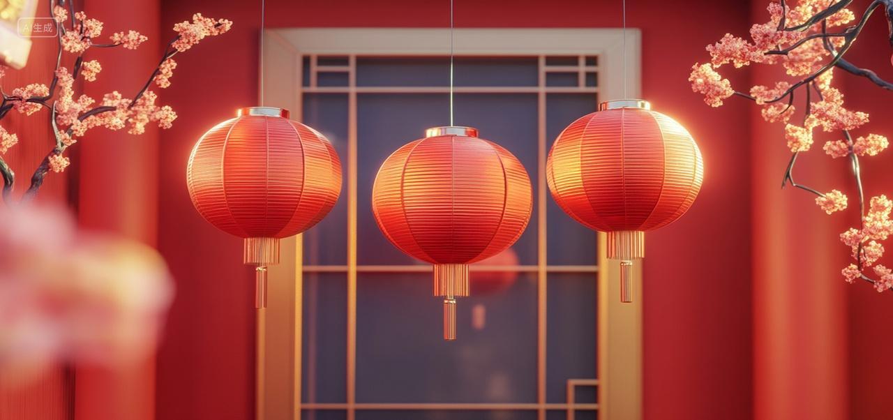 新年门廊下的喜庆红灯笼和盛开的腊梅春节过年装饰三维效果图
