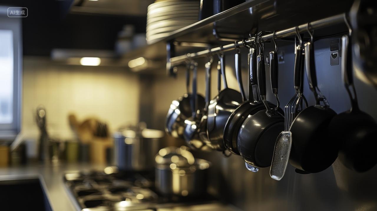 现代厨房挂满厨具的展示