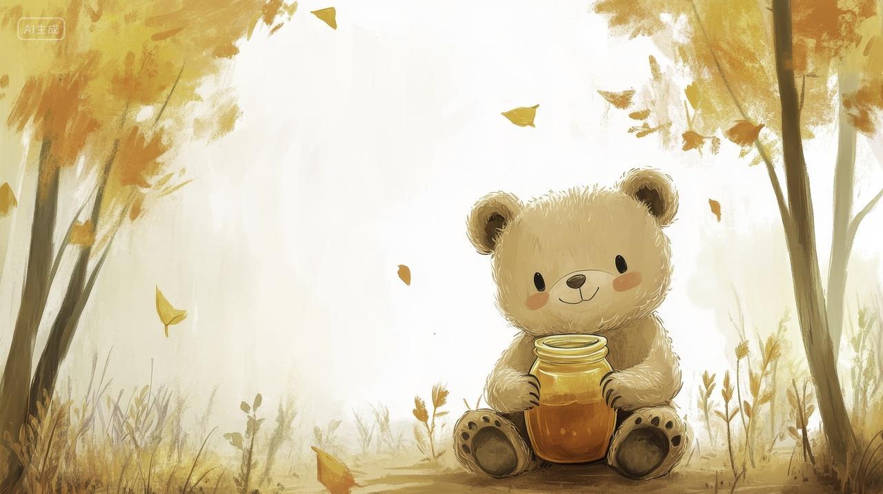 小熊坐在秋天的树林中享受蜂蜜