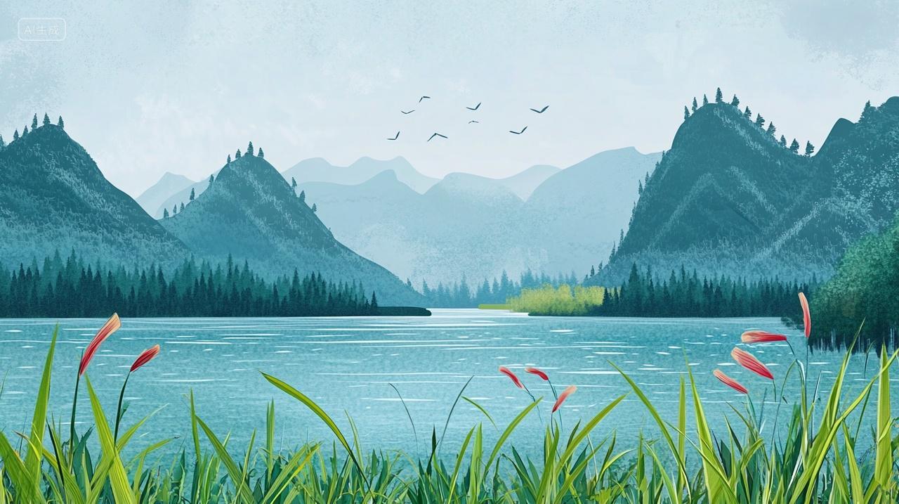 芦苇江河风景插画