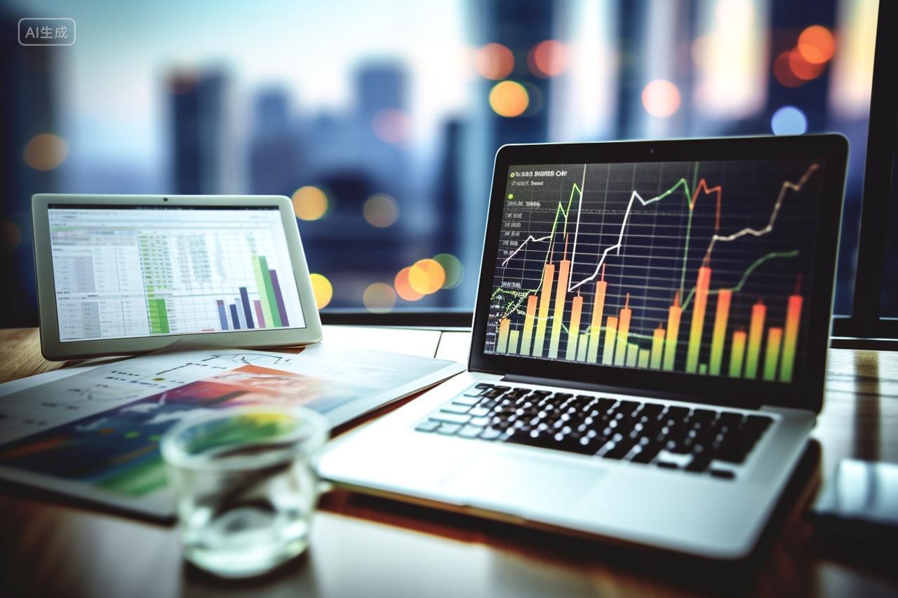 商务办公桌笔记本电脑上的数据走势图