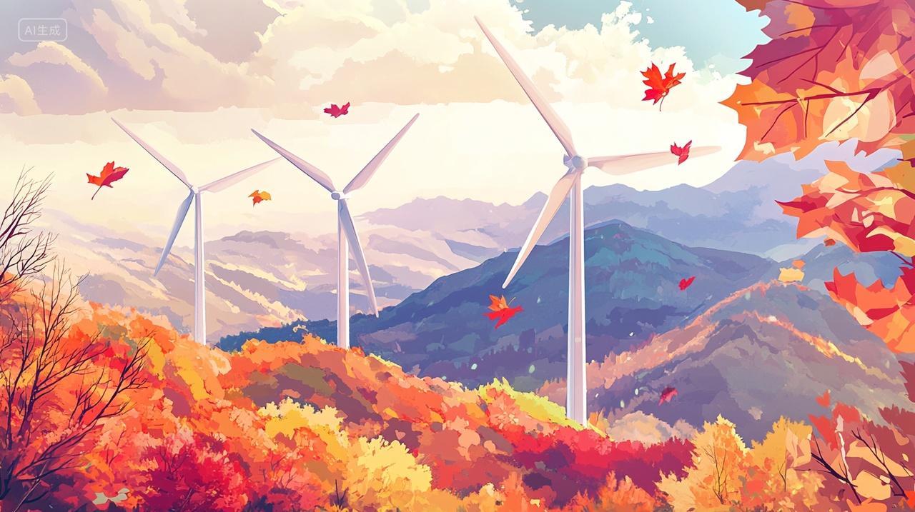 秋天的山峦风力发电机秋分寒露节气海报