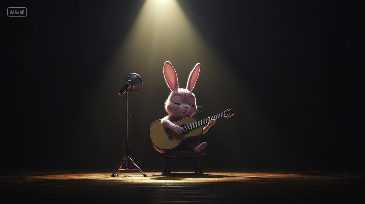 聚光灯下独奏的吉他兔子
