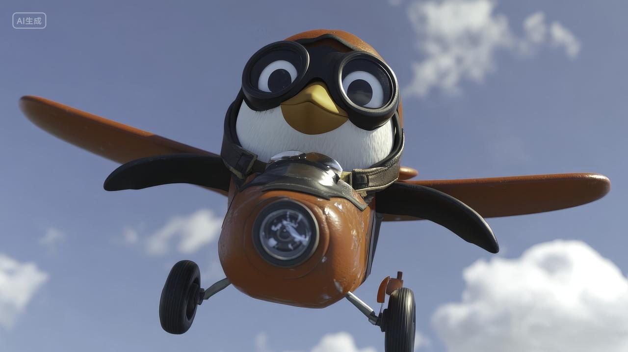 飞行中的可爱企鹅近景