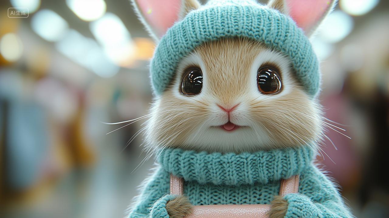 一只兔子头戴蓝绿色帽子身穿毛衣商用动画设计制作