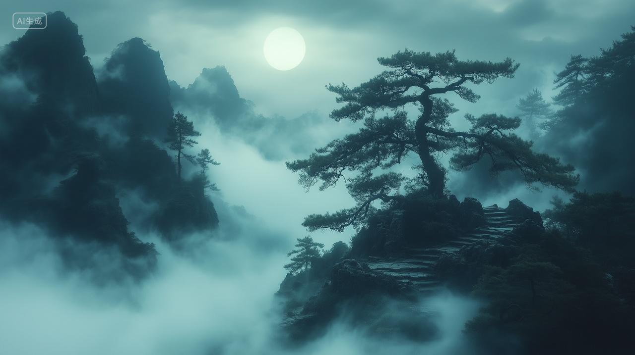 晚上的黄山月光照耀迎客松电脑壁纸商用旅游