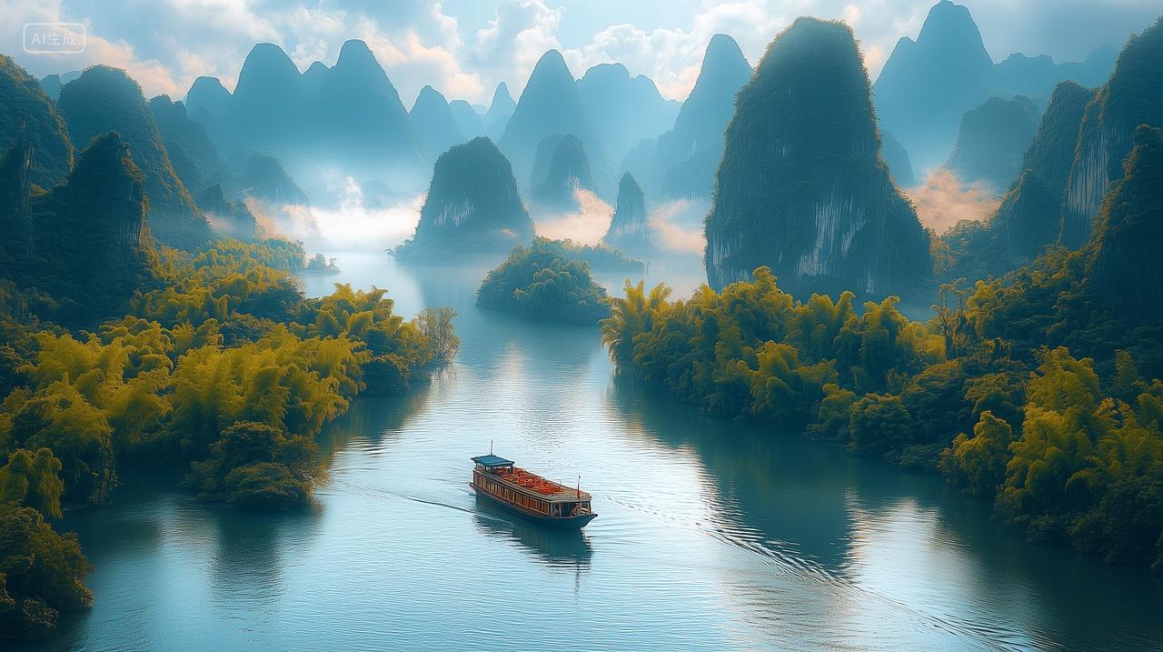 小船漂浮在宁静的江面上周围环绕群山电脑壁纸桂林山水商用旅游