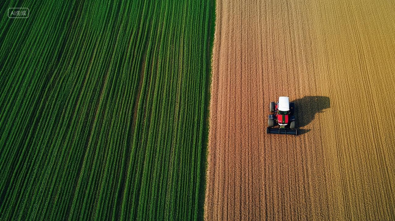 金色麦田田野里的红色拖拉机