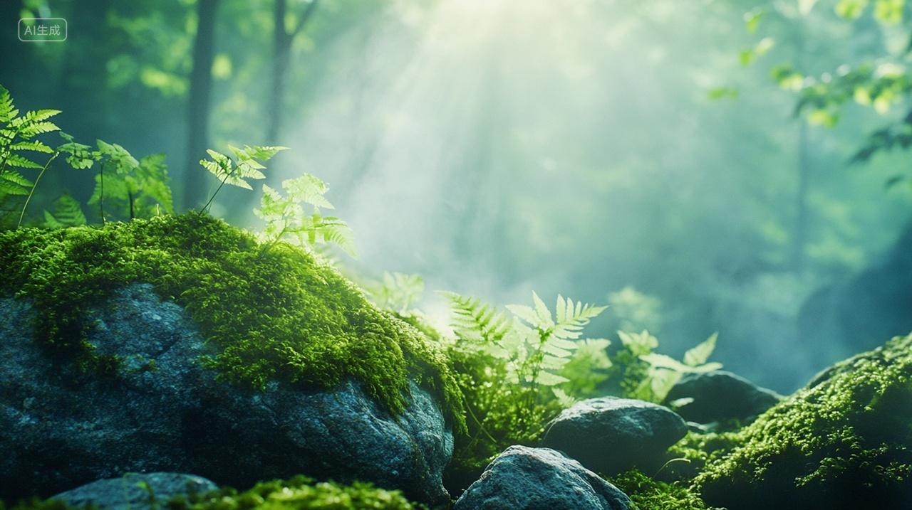 阳光照射在森林里的蕨类植物上电脑壁纸