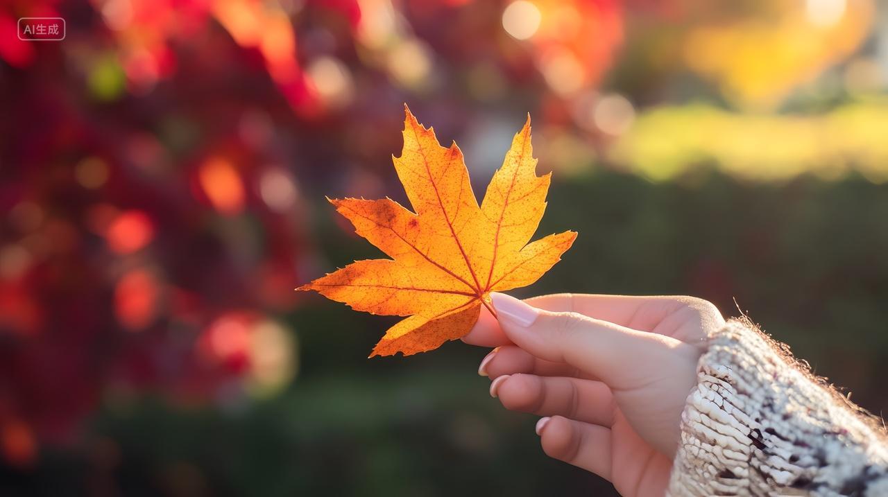 手持黄色枫叶的秋日阳光特写人物与自然风景摄影