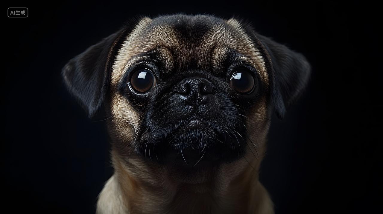 黑色背景下的巴哥犬特写宠物摄影图