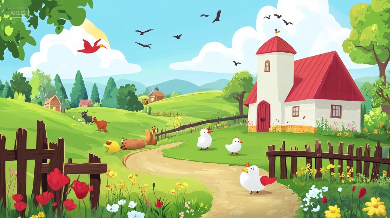 卡通农场房子动物创意素材背景插画