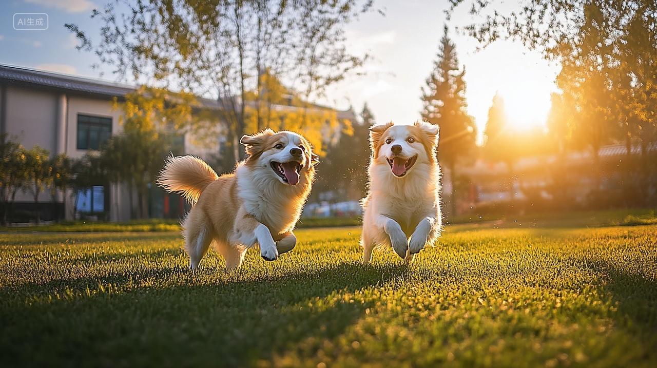 两只狗在草坪上玩耍动物宠物